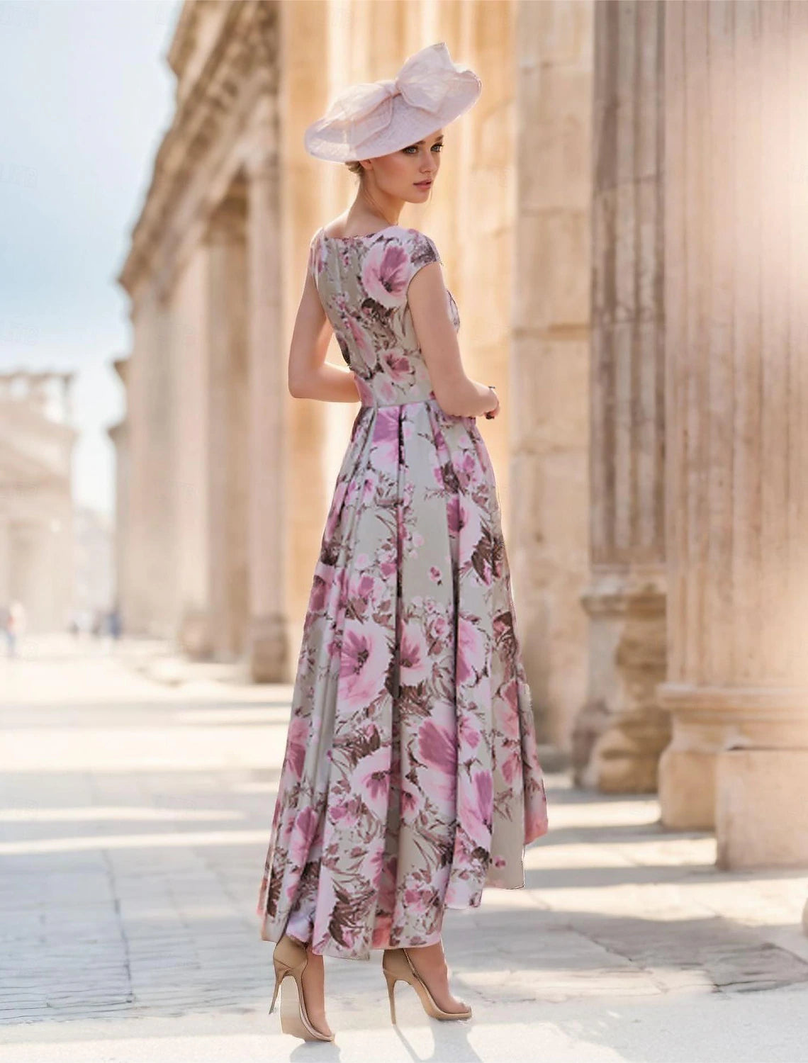 Buyishang A-Line Mother of the Bride Dress Wedding Guest Elegant Vintage V Neck Ankle Length Satin Polyester Short Sleeve with Bow(s) Flower free custom size